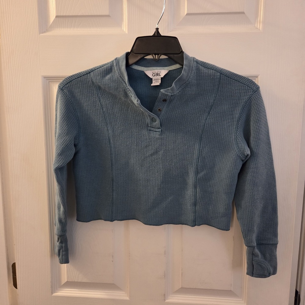 Athleta‎ Girl sz M/8-10 Settle In Waffle Sweatshirt teal crop casual athleisure